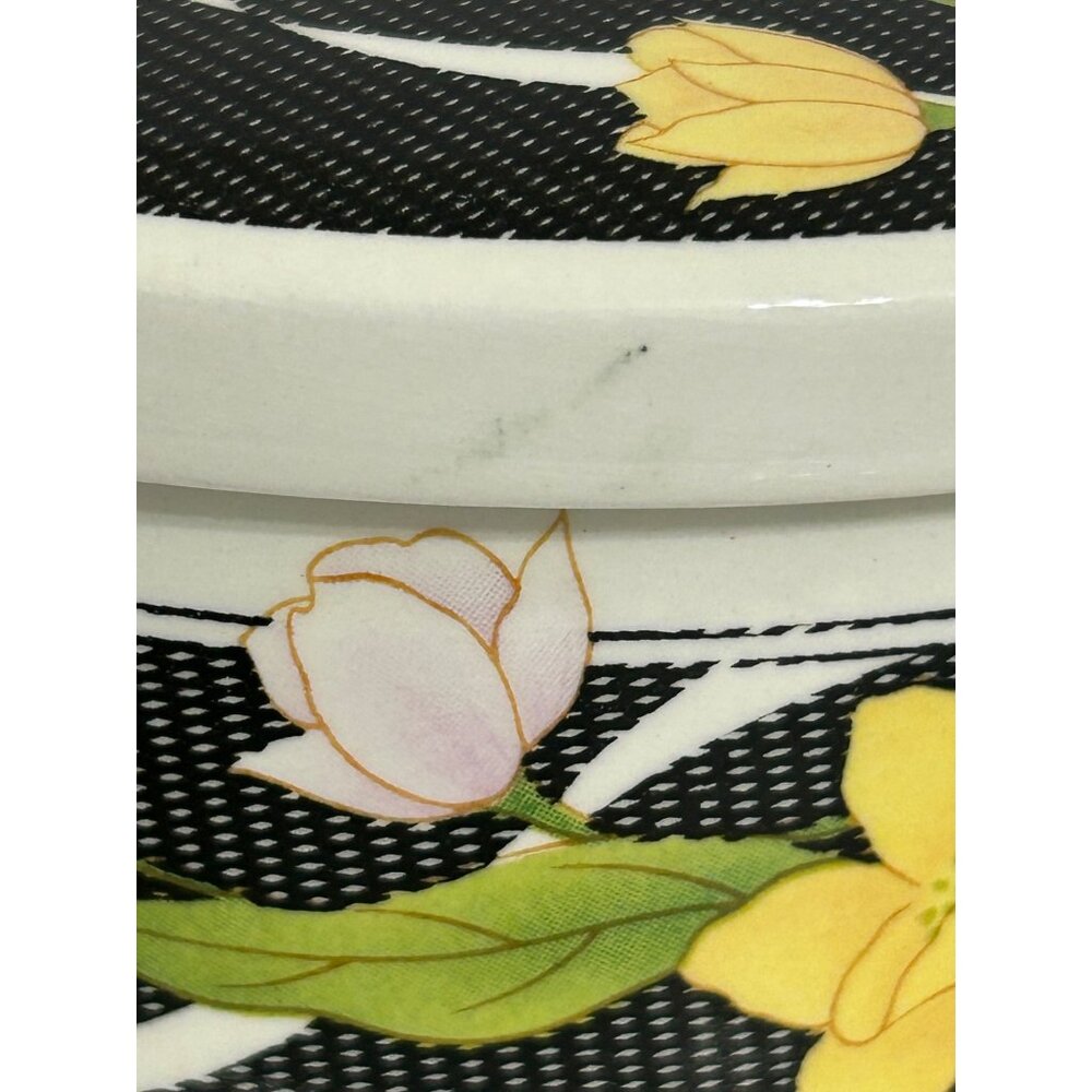 Vintage Oriental Floral Trinket / Jewelry Dish w/ Lid Black Yellow Pink Korea - Picture 5 of 9